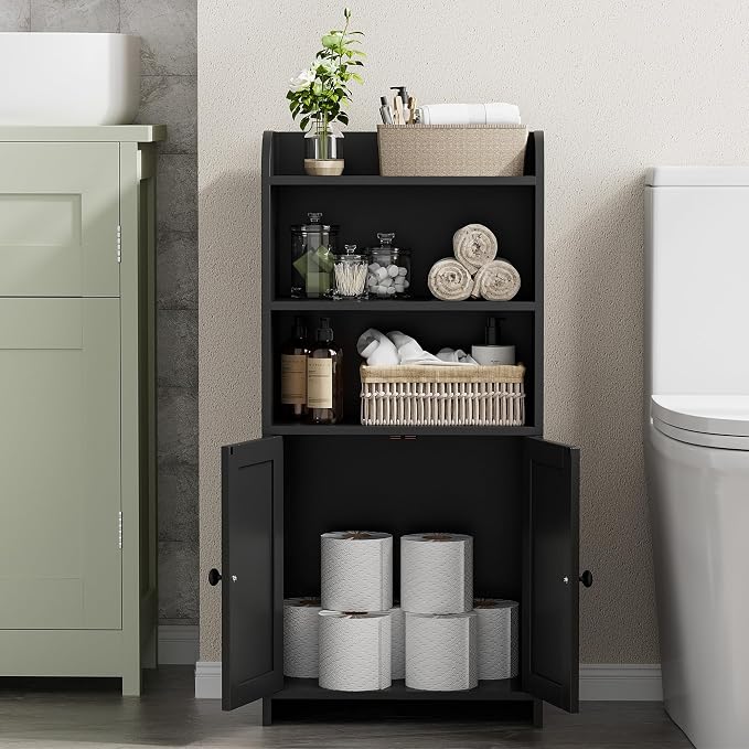 Homhedy Small Bathroom Storage Cabinet, Toilet Paper Storage Cabinet | Bathroom Floor Cabinet with Doors and Shelves, Bathroom Organizers for Small Spaces, 7.9" D x 14.6" W x 31" H, Black