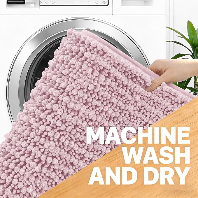 OLANLY Large Bathroom Rugs 59x35, Thick Soft Absorbent Chenille Bath Rugs | Dusty Rose, Quick-Drying Rubber Backing, Shaggy Bath Mat, Machine Washable for Floor, Tub and Shower, Home Decor Accessories