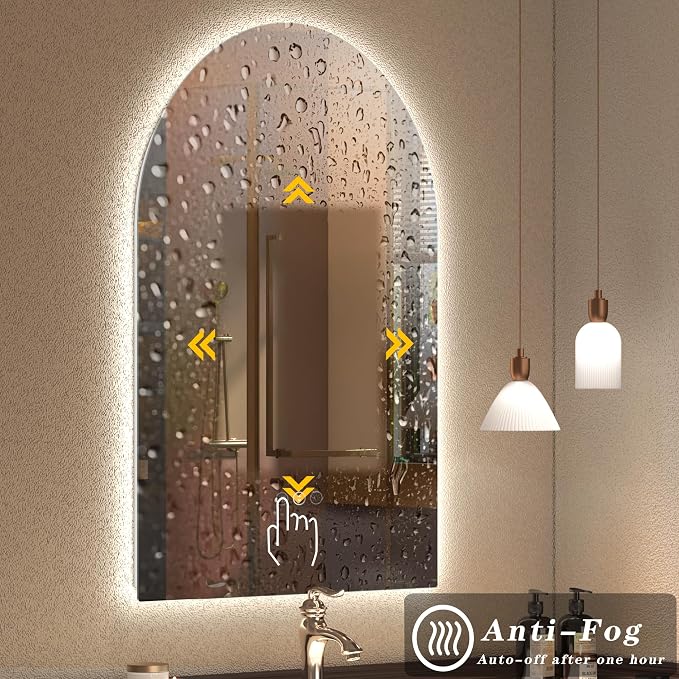40x28 Inch Backlit Arched LED Bathroom Mirror | Dimmable Arched LED Vanity Mirror with Lights, Anti-Fog, 3 Colors, Shatterproof, Memory, ETL Listed