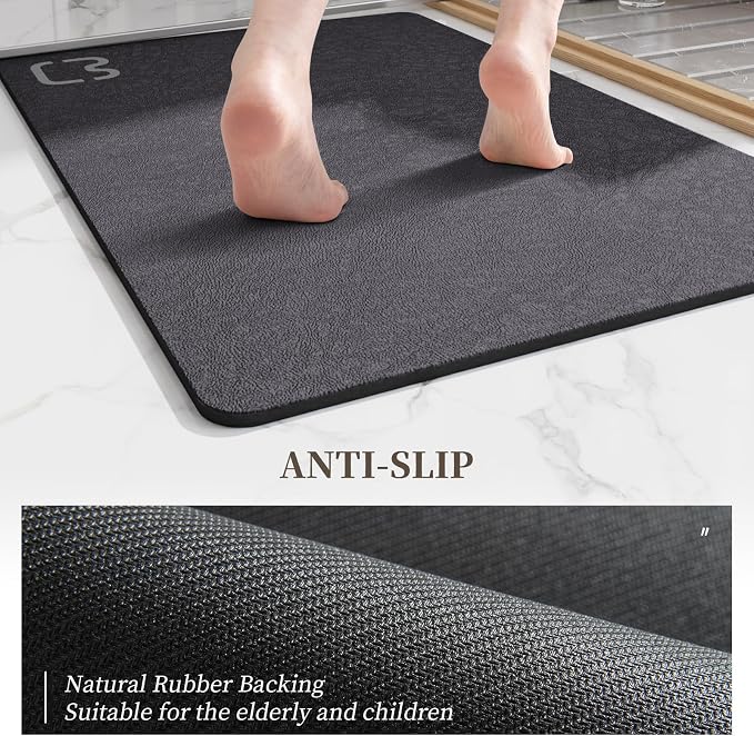 Dark Grey Long Bathroom Rugs Large Stone Bath Mats for Bathroom,15.7"x47.2" | Non Slip Rubber Backed Quick Dry Super Absorbent Diatomaceous Earth Bath Mat Extra Long Thin Diatomite Bathroom Mat Runner