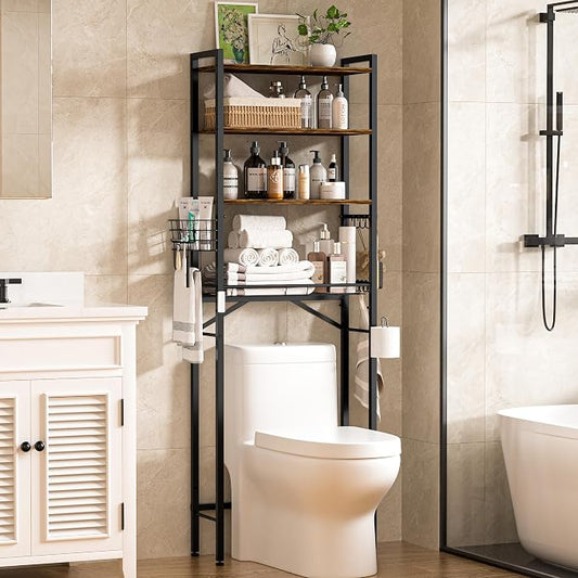 Over-The-Toilet Storage Rack, 4-Tier Bathroom Organizer Shelf Over Toilet with Adjustable Shelf and Basket, Freestanding Space Saver Bathroom Shelves Above Toilet for Room(Brown)