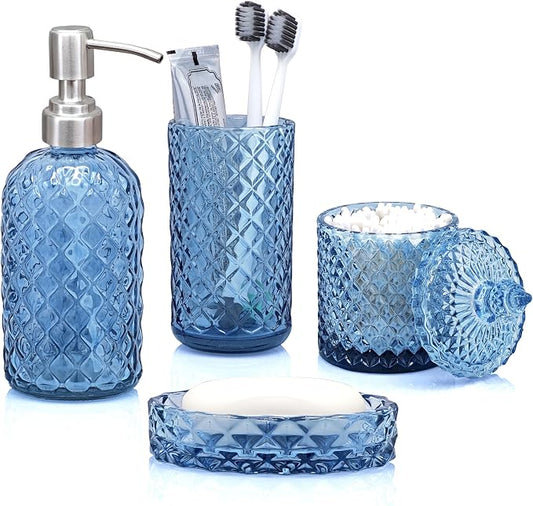 LaMarriti Blue Bathroom Accessories Set, 4Pcs Clear Glass Bathroom Set | Lotion Soap Dispenser, Toothbrush Holder Set, Soap Dish, Qtip Holder for Vintage Crystal Bath Decor, Gift Set