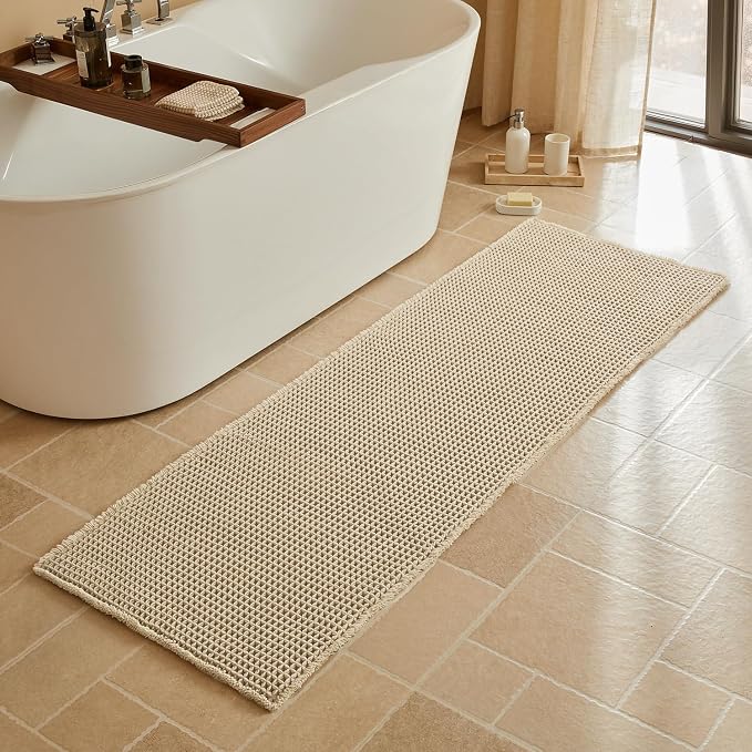 Triohero Waffle Runner Bath Mat - Long Bathroom Rugs Non Slip Washable, Ultra Soft Super Absorbent Quick Dry Boho Farmhouse Bathroom Decor, 24" x 72", Pale Beige