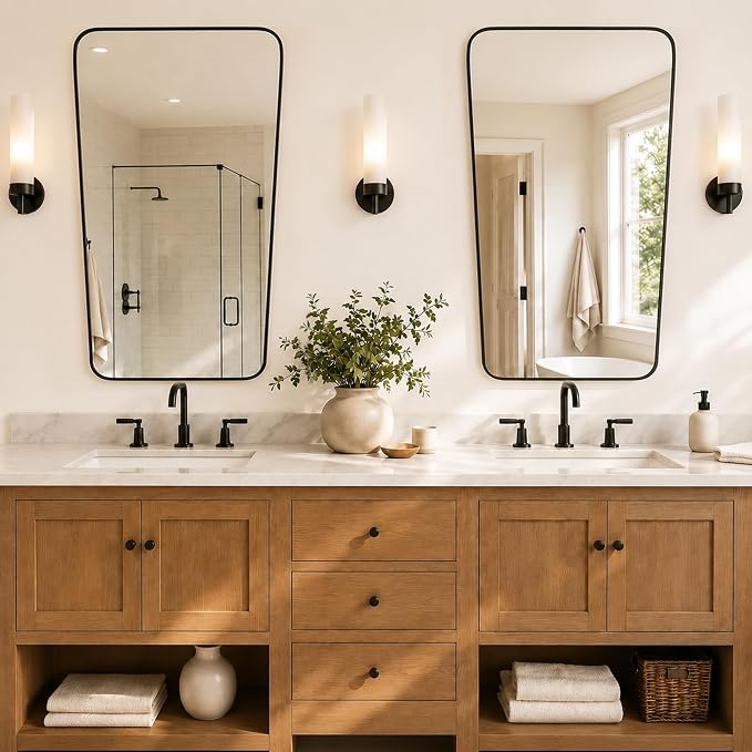 Matte Black Tapered Rounded Rectangle Bathroom Mirror, 24x36 Inch | Aluminum alloy frame, soft trapezoid shape, tempered glass, reversible vertical keyhole mount