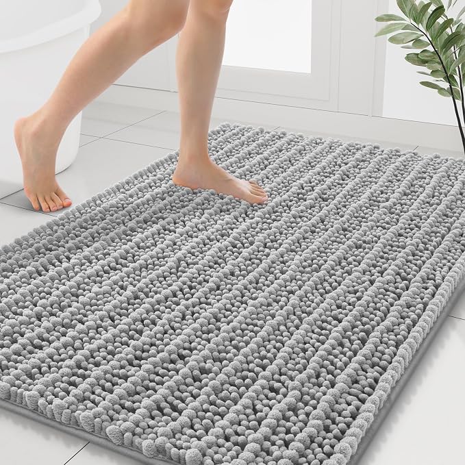 Smiry Bathroom Rugs 40X32, Extra Soft Rubber Backing Chenille Bath Mats | Light Grey Machine Washable Non Slip Quick Dry Bath Mats for Bathroom Floor, Tub, Shower, Home Decor Accessories
