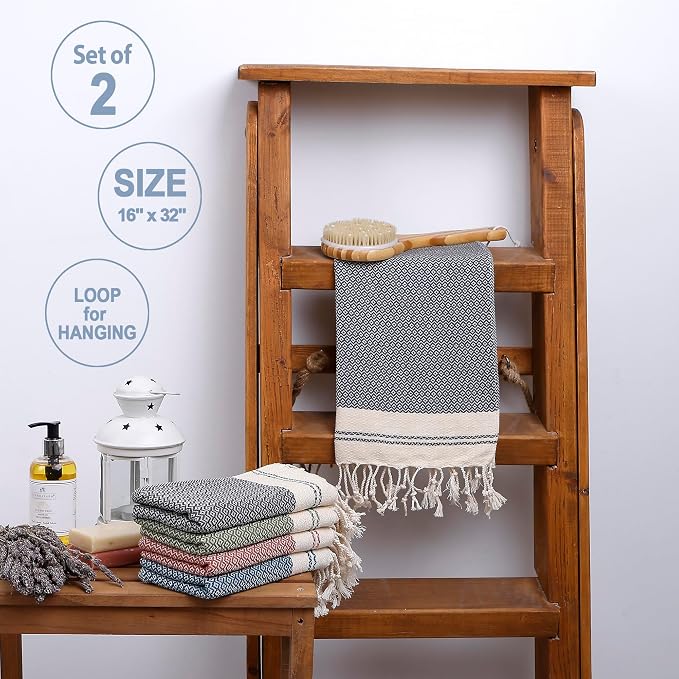 Evelynen Turkish Hand Towels for Bathroom & Kitchen Towels Decorative Set of 2 | Boho Farmhouse Hand Towels with Hanging Loops for Face, Dish, Kitchen & Bath |(16" x 32" - Dark Grey)