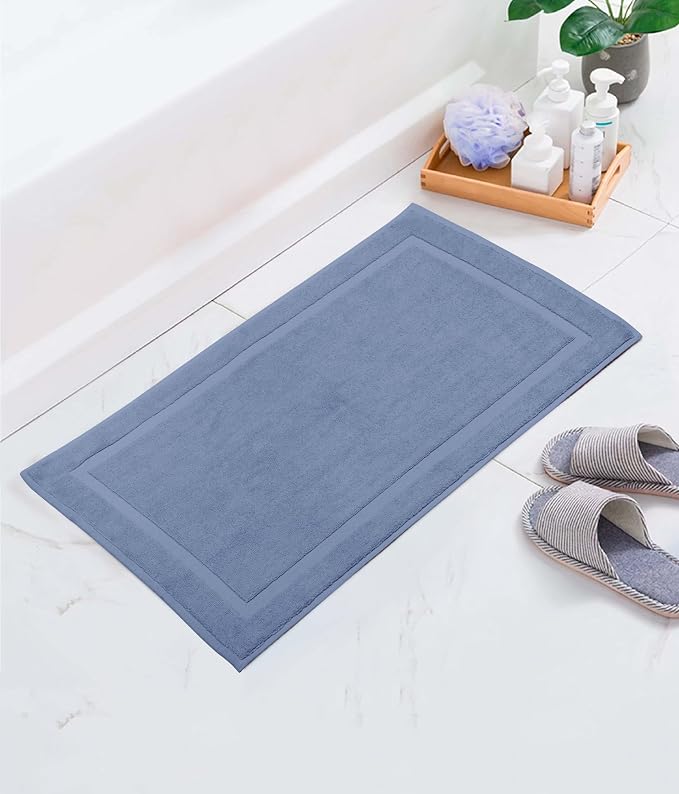 COTTON CRAFT Bath Mats - 2 Pack Tub Shower Floor Mat - 21x30- Azure Blue | Ultra Absorbent Plush 900 GSM Pure Cotton Banded Border Luxury Towel Rug - Not a Bathroom Rug
