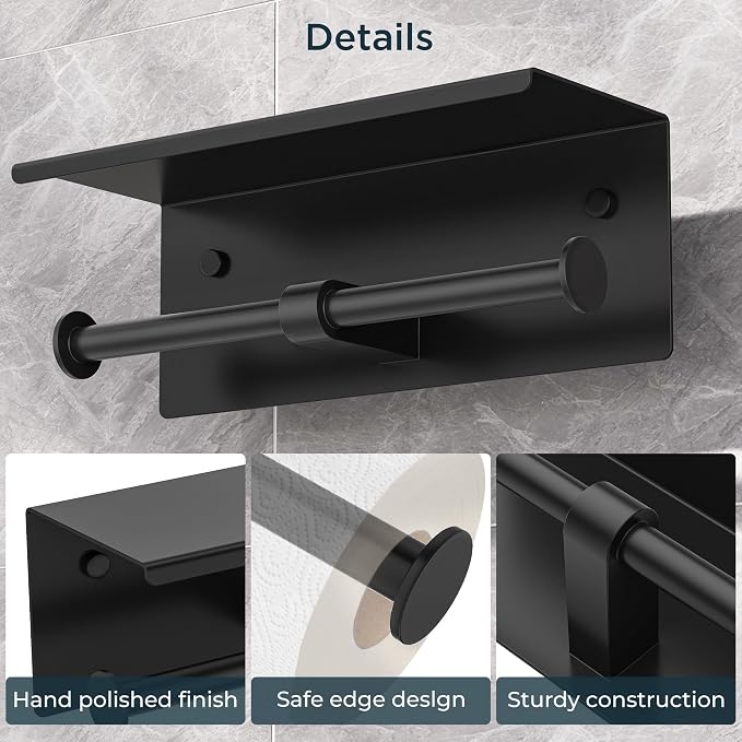 FORIOUS Toilet Paper Holder with Shelf, Commercial Toilet Paper Dispensers | Matte Black | Wall Mount Bathroom Tissue Holder | SUS304 Stainless Steel Rustproof | Double Tissue Roll Holder