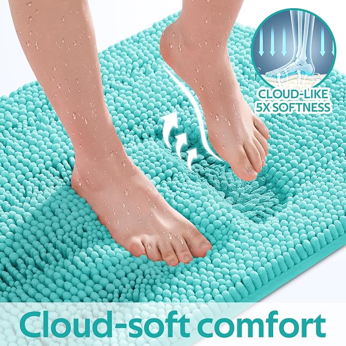 Striped Teal Green Bathroom Rug Set 3 Pieces Ultra Soft, Non Slip Chenille Toilet Mat, Absorbent Plush Shaggy Bath Mats for Bathroom, Bedroom, Kitchen, Turquoise