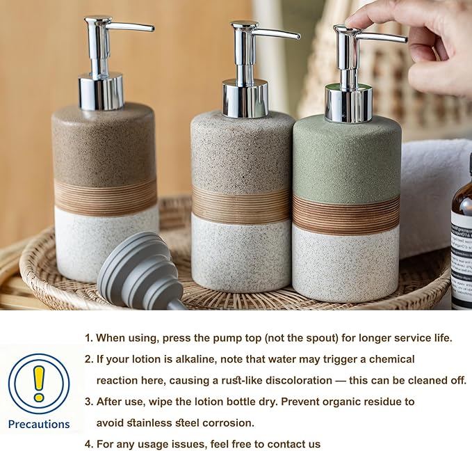 Ceramic Kitchen Dish Soap Dispenser Set with Stainless Steel Pump | Refillable Hand Soap, Shampoo and Conditioner, Body Wash, Lotion Dispenser | for Kitchen and Bathroom Counter Non Slip, 12 Oz