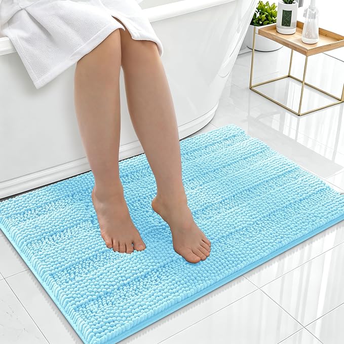 Smiry Thick Chenille Bathroom Rugs 36x24, Soft Absorbent Bath Mat, Sky Blue | Quick‑Dry & Machine Washable, Non‑Slip Bath Carpet, Striped Bath Rugs for Tub & Shower, Modern Home Decor Accessories