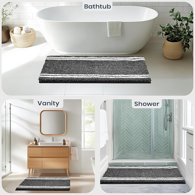 PURRUGS Bathroom Rug, Bath Mat, 20" x 30", Charcoal | Machine Washable, Non-Slip, Waterproof TPR Backing, Super Absorbent, Quick Dry, Bath Rug for Shower, Bathtub, and Sink