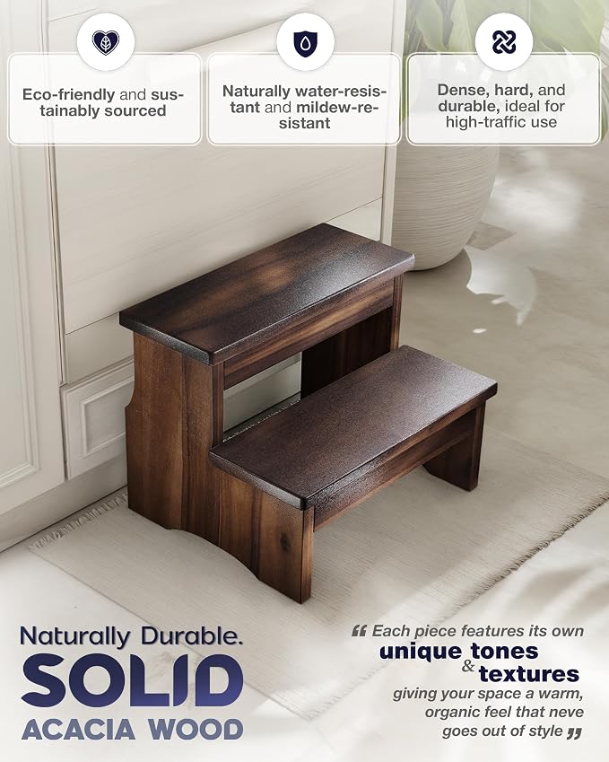 FANATU Wooden Two Step Stool, Heavy Duty 2-Step Ladder for Adults & Kids, Supports up to 450lbs for Kitchen, Bathroom or Bedside Use (Walnut Finish)