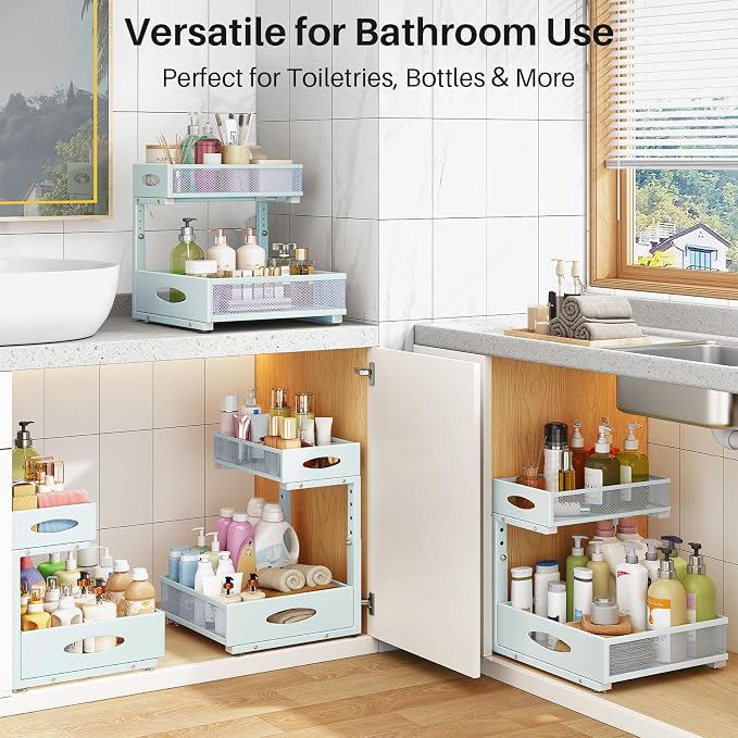 Under Sink Organizer, 2 Tier Pull Out Under Cabinet Organizer Shelf with Pad for Framed Cabinets, Metal Slide Out Under Sink Storage, Mesh Sliding Drawers for Kitchen Bathroom Laundry(Blue, 1 Pack)