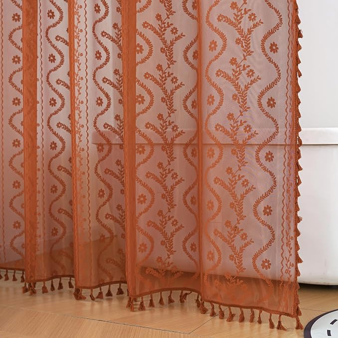 WAZZIO Bunrt Orange Lace Shower Curtain for Bathroom 72" W x 72" L, Victorian Farmhouse Floral Pattern Tassel Fancy Shower Curtain Boho Washable Cloth Decorative Bath Curtains,1 Panel