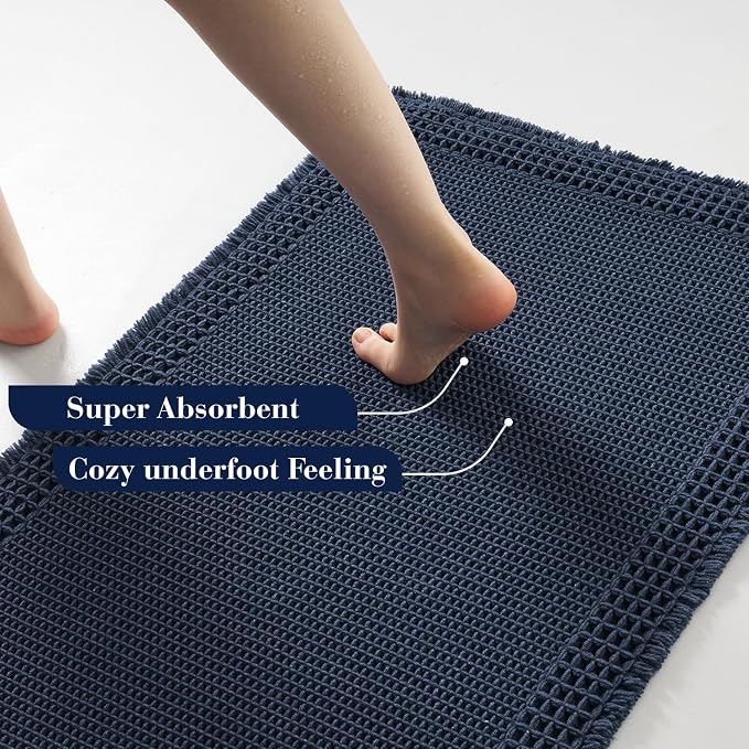 RESARE Waffle Bath Mat for Bathroom, Non Slip Bathroom Rugs 20"x32" Navy | Absorbent Boho Bathroom Floor Mats Machine Washable Quick Dry, Soft Solid Bath Rugs with Tassels, Ideal Farmhouse Home Decor