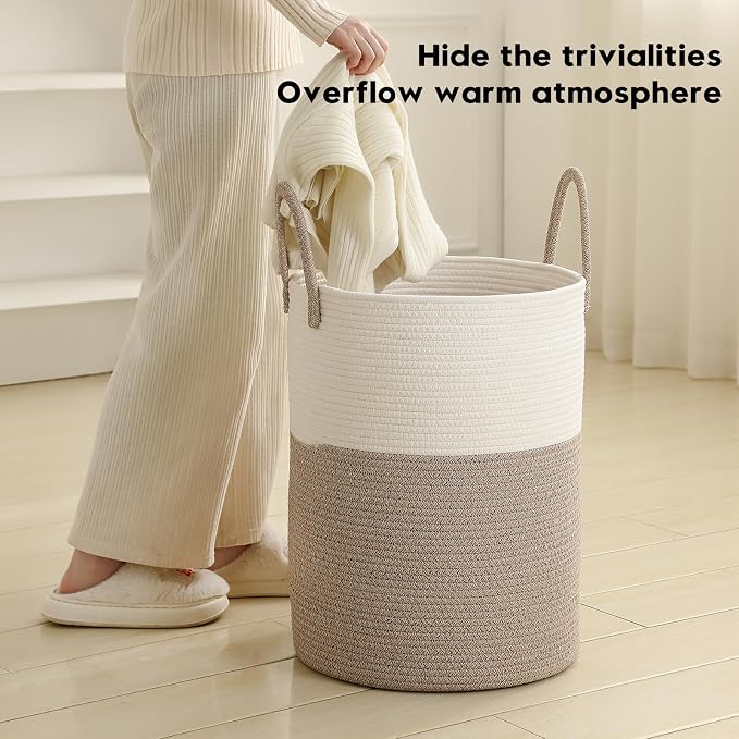 Laundry Basket Hamper Tall Rope Storage Woven for Blanket Toys Dirty Clothes in Living Room Bathroom Bedroom White & Brown 60L/15.8Gal