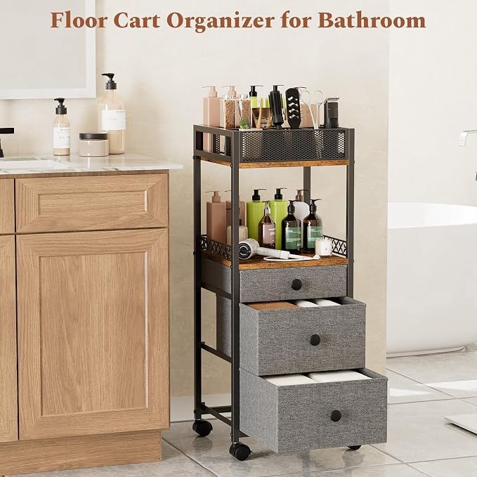 Plaviya Makeup Organizer Cart with 3 Drawers Storage for Bedroom & Bathroom | Utility Rolling Cart, Vanity Desk Organizer, Perfume, Cologne, Skin Care, Nail Polish, Black