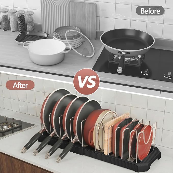 Expandable Pan Organizers Inside Cabinet with 12 Dividers Black | Extends 12.9-21.9", Holds cookie sheets, cutting boards, pot lids and pans, iron dividers, plastic base, under cabinet rack