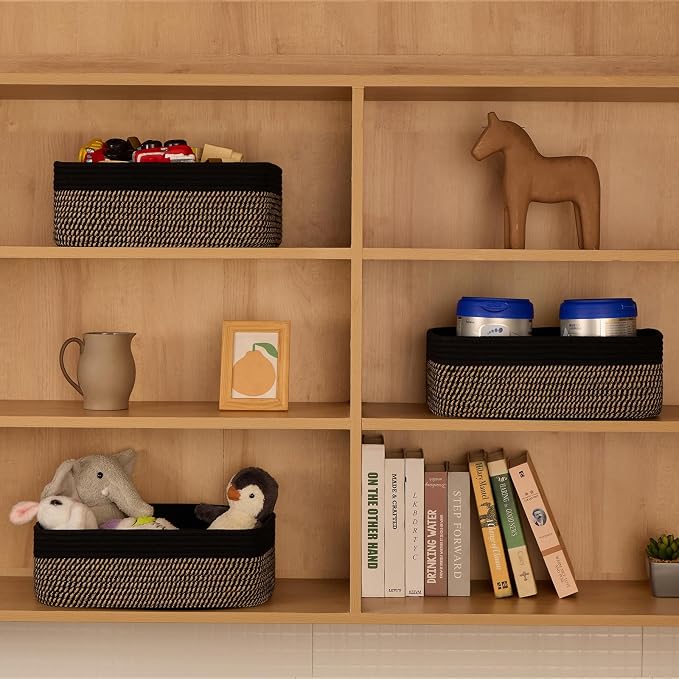 MiniArk Large Shallow Organizing Baskets 15x11x5.1 Inches - Rope Woven Storage Bins for Bathroom, Shelves, Cube Closet, Black Woven Brown 3 Packs