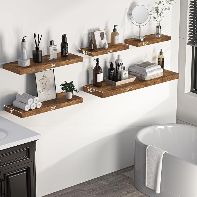 Floating Shelves - 10.3 Inch Deep Wall Shelf for Decor & Storage - Wall Mounted Display Shelving with Invisible Heavy-Duty Metal Bracket - 36" W x 10.3" D x 1.8" H - Set of 1 - Rustic Brown
