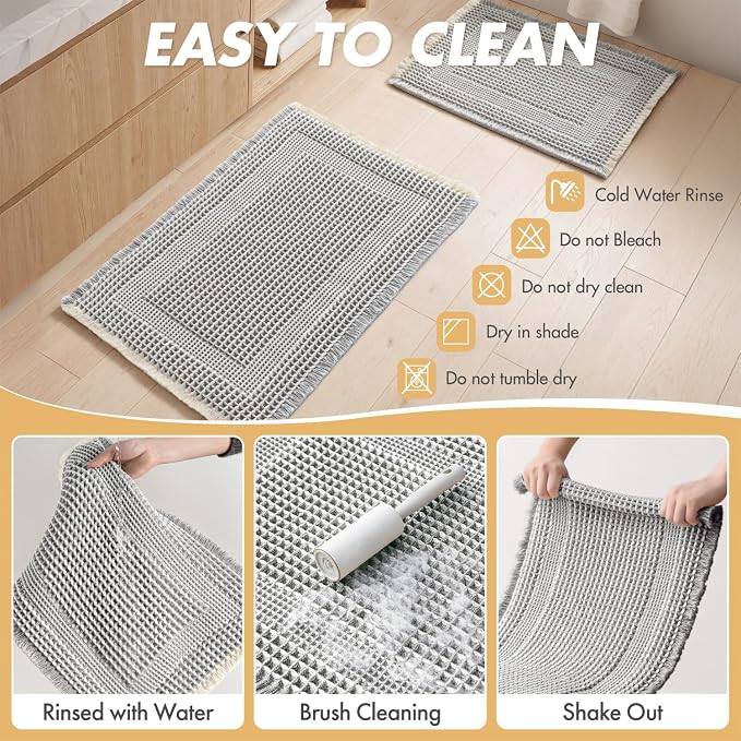 MIULEE Set of 2 Waffle Bathroom Rugs Lightgrey & Cream Boho Bath Mat 17x24 | Looped Design, Super Absorbent, Non Slip, Washable, Ultra Soft, Rubber Backed, Bathroom Mats for Floor Tub Shower