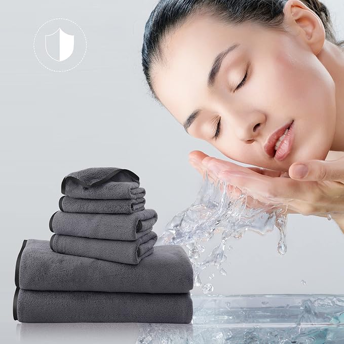 TENSTARS Luxury Silk Hemming Towel Set - Light Thin Quick Drying - 2 Bath Towels 2 Hand Towels 2 Washcloths - Ultra Soft Microfiber, for Bath Fitness, Sports, Yoga, Travel (Dark Grey 6 Pieces)