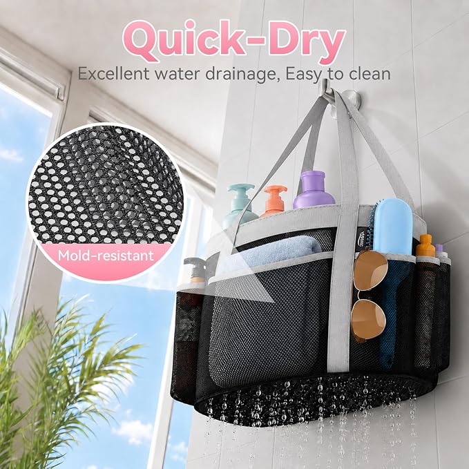 Double Handles Mesh Shower Caddy Portable for College Dorm Essentials, 8 Pockets Large Capacity Shower Organizer for Girls, Quick-Dry Hanging Toiletry Bag for Bathroom Travel, Black&Grey