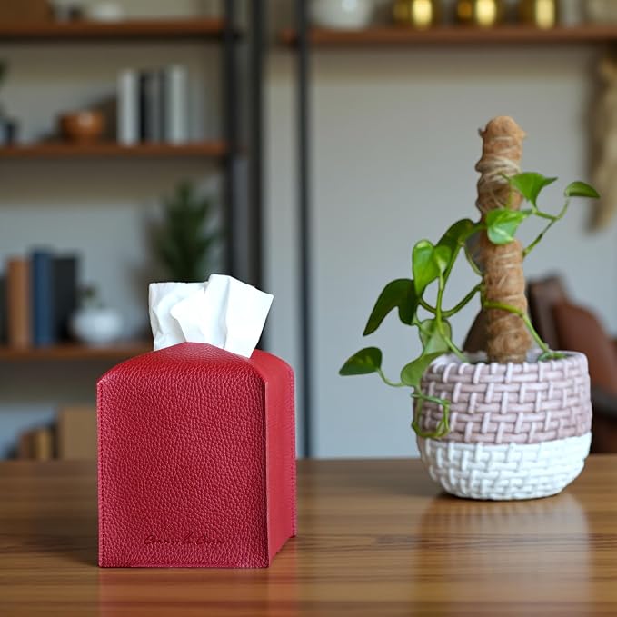 Premium PU Leather Tissue Box Holder - Elegant Hotel-Style Tissue Box Cover for Home, Office & Car Décor, Tissues Cube Organizer for a Natural & Classic Look (Crimson-Red)