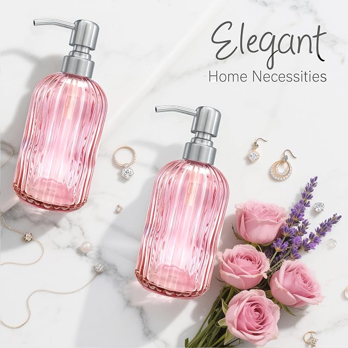 16 OZ Pink Glass Soap Dispenser Glass Soap Dispenser,Clear Pink Stripe Bathroom Hand Soap Dispensers with Stainless Steel Pump, Pink Kitchen Hand Soap Dispenser with Brushed Nickel Pump