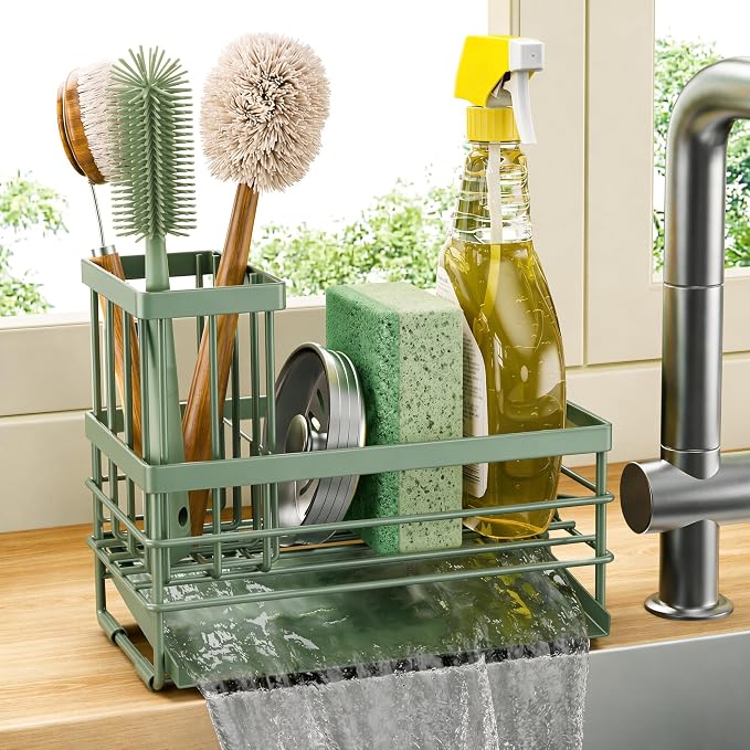 Cisily Sink Caddy Sponge Holder for Kitchen with Brush Holder and Stainless Steel Self Drain Tray, Rustproof Kitchen Sink Organizer for Sponge, Soap Dispenser Storage Accessories