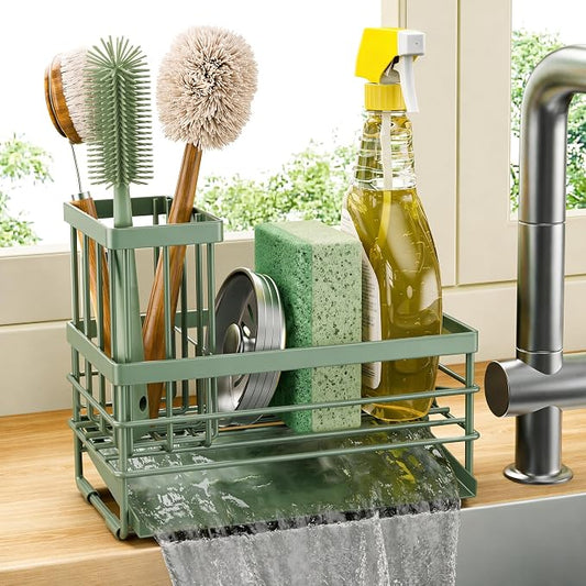 Cisily Sink Caddy Sponge Holder for Kitchen with Brush Holder and Stainless Steel Self Drain Tray, Rustproof Kitchen Sink Organizer for Sponge, Soap Dispenser Storage Accessories