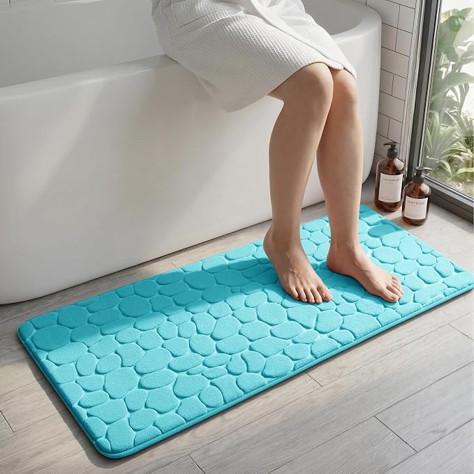 Memory Foam Runner Rug, Cobblestone Bathroom Runner Rugs Super Water Absorbent Bath Mats for Bathroom Machine Washable Bath Rugs for Hallway Bedroom Laundry Room(20 x 47,Teal)