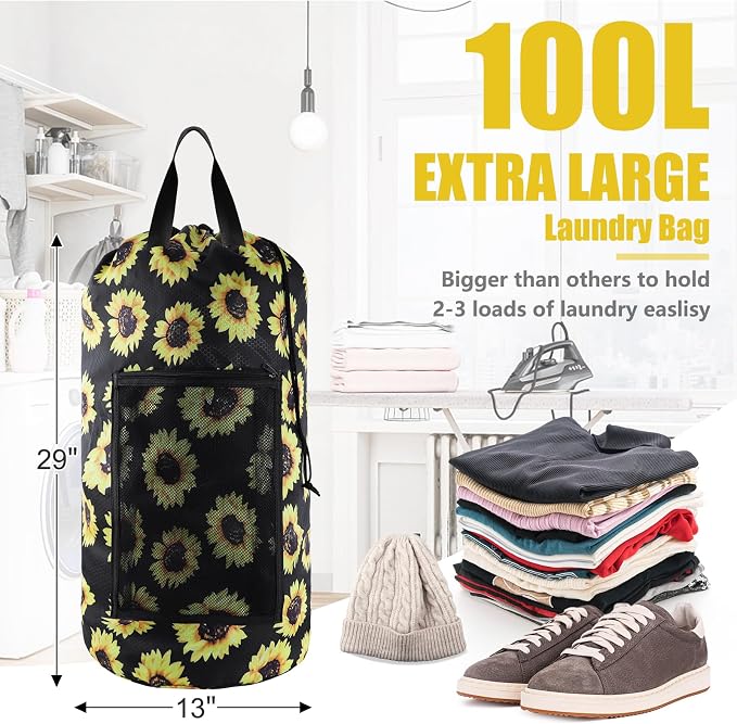 Olosar Laundry Bag Backpack, 2PCS Extra Large Travel Laundry Bag with Mesh Pocket & Adjustable Shoulder Straps,Dirty Clothes Travel Bag for College Students Dorm,Apartment(Sunflower)