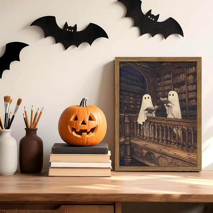 Framed Halloween Ghost Wall Art, Vintage Cute Ghost Reading Canvas Wall Decor Paintings, Dark Academia Book Artwork Poster Print Picture for Library Bedroom Living Room 12x16 Inch
