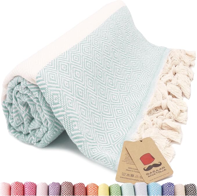 Turkish Beach Towel, 100% Cotton, 71x39 in, Diamond Mint