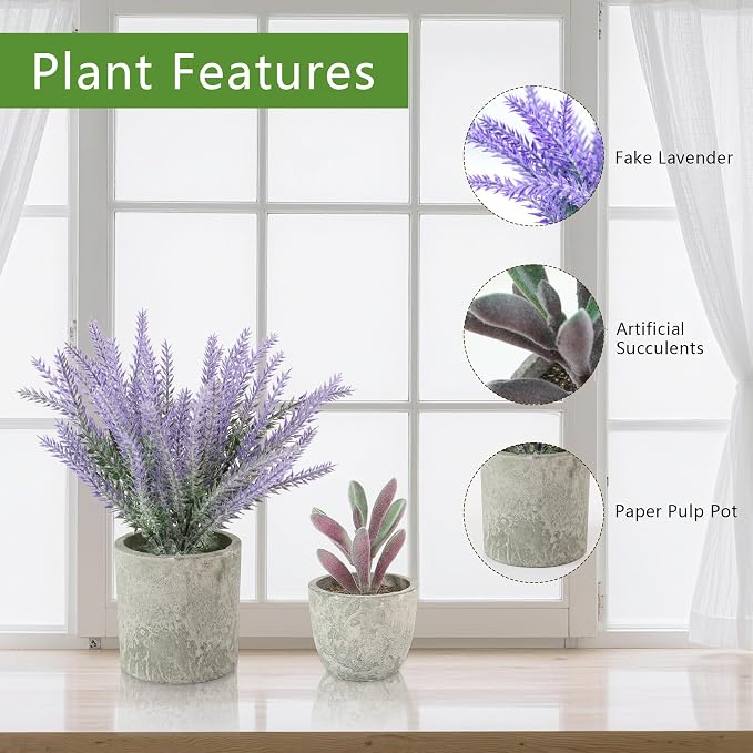 ALAGIRLS 4 Packs Fake Plants Lavender Artificial Plants | Fake Lavender Flowers, Eucalyptus Succulents Plants, Potted Faux Plants for Home Indoor Office Bathroom Living Room Decor