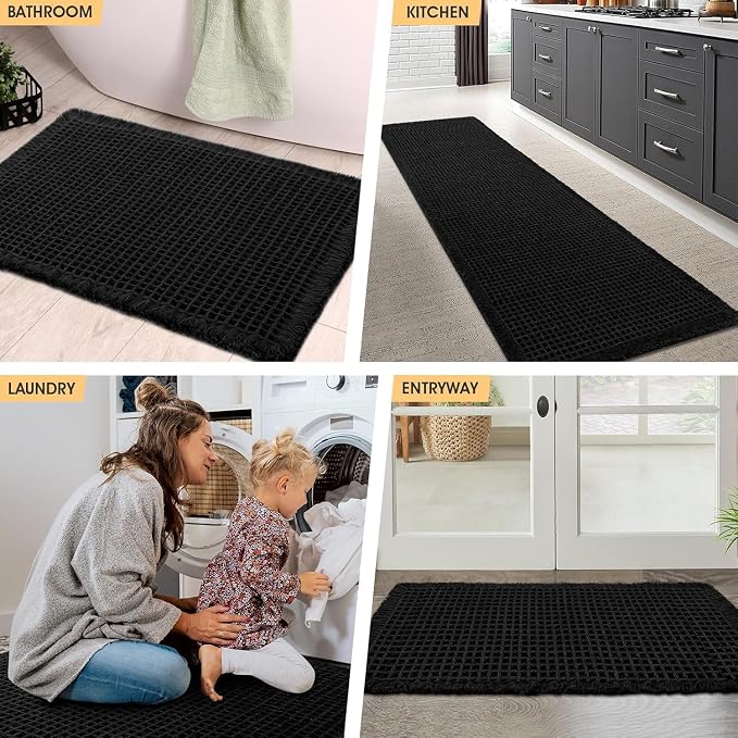 Waffle Bath Mat Set 2 Piece Black,Woven Modern Bath Rug Mats, Absorbent Non Slip Bath Floor Mat, Soft Washable Boho Bath Rugs with Tassels for Bathroom, Bedroom, Kitchen,Tub