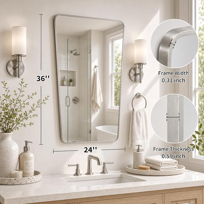 Brushed Nickel Rounded Rectangle Bathroom Mirror, 24x36 Inch | Aluminum alloy frame, soft trapezoid shape, tempered glass, reversible vertical keyhole mount