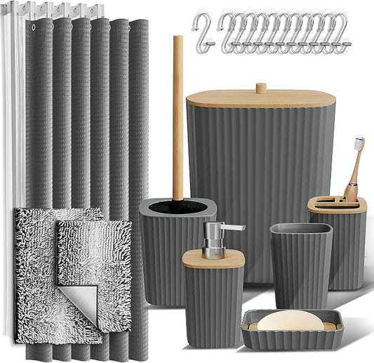 Clara Clark Bathroom Accessories Set - Bathroom Set, Bathroom Sets with Shower Curtain and Rugs, Shower Curtain Set with Bathroom Trash Can - Ombre Grey - 22PC | 22 Piece Ombre Grey Bathroom Accessories Set with Toothbrush Holder, Soap Dispenser, Soap ...