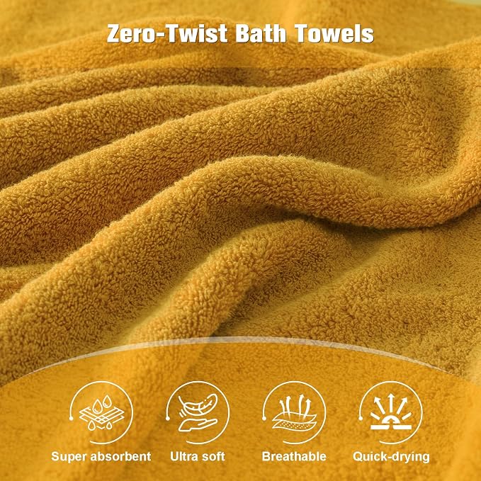 COZYART Luxury Bath Towels 4 PCS, 27x54 650 GSM Turkish Cotton, Gold | Zero Twist 100% Ring Spun Cotton, Fluffy, Ultra Soft, Super Absorbent, Quick Dry, Large Towels for Hotel Spa Bathroom Shower