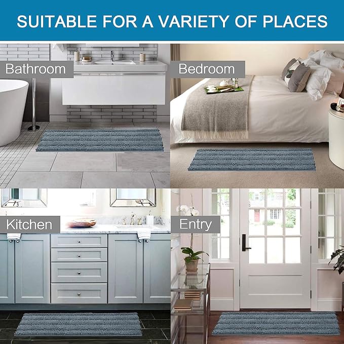 H.VERSAILTEX 2 Piece Bathroom Set - Absorbent Chenille Bath Mats & Non-Skid Machine Washable Rugs (Stone Blue, 47 x 17 Plus 17 x 24 - Inches)