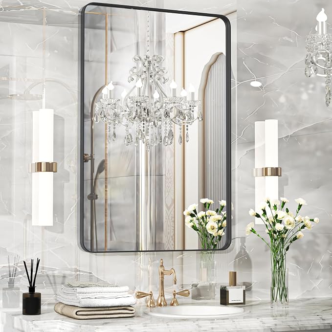 Fun Memories Black Bathroom Mirror, 24x36 Inch Bathroom Vanity Mirror, Metal Black Frame for Bathroom, Tempered Glass, Horizontally or Vertically