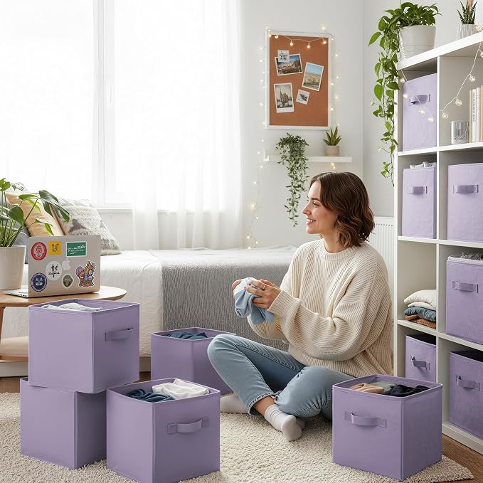 GRANNY SAYS 11 Inch Cube Storage Bins, Lavender Purple, 6-Pack | Collapsible Cube Organizers with Thickened Base Plate, Sturdy Handles, Decorative Baskets for Shelves, Closet