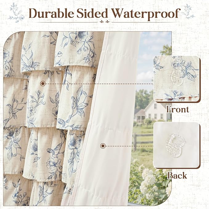 Yinhua Long Farmhouse Ruffle Shower Curtains with Blue Floral, 72" Wx78 L | French Country Vintage Rustic Washable Waterproof Shower Curtain for Bathroom Bathtub, 12 Metal Hooks
