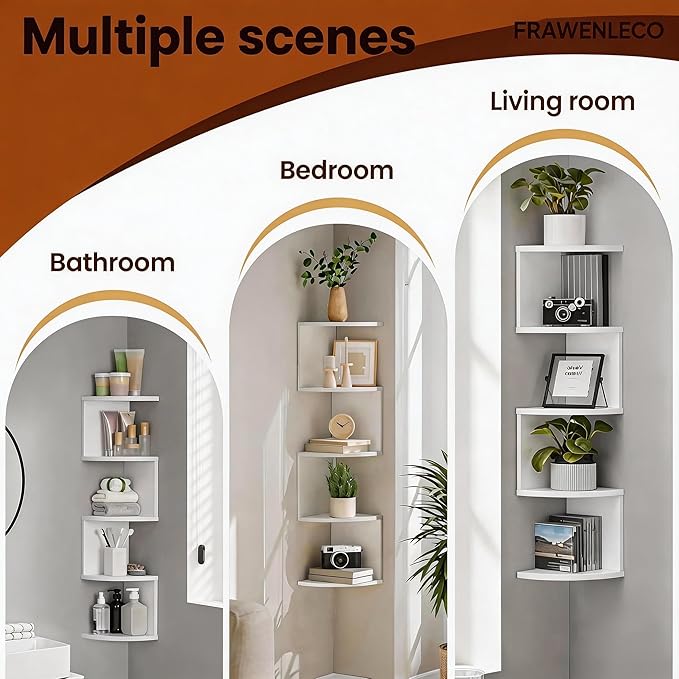 5-Tier Corner Shelf Wall Mount, Screw-Mounted Floating Bookshelf with Enhanced Support, Space-Saving Zigzag Shelf for Bedroom, Living Room, Office, Garage – (White)