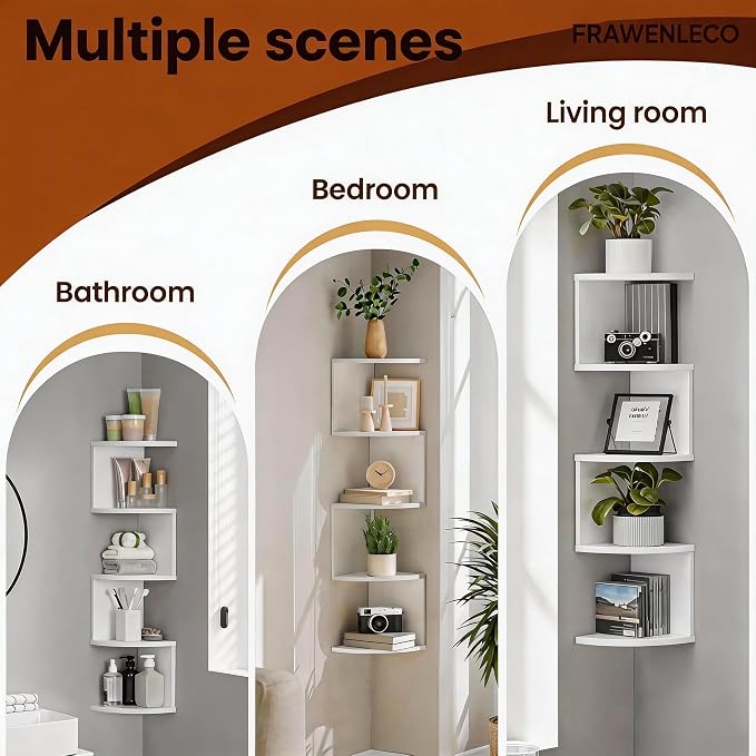 No-Drill Corner Shelf Wall Mount, 5-Tier Thickened 12mm Floating Bookshelf with Hooks, Space-Saving Zigzag Plant Shelf for Bedroom, Living Room, Bathroom, Home Office