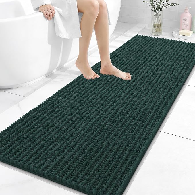 OLANLY Bathroom Runner Rugs 59x24, Thick Soft Absorbent Chenille Bath Rugs | Blackish Green, Quick-Drying Rubber Backing, Long Shaggy Bath Mat, Washable for Floor, Tub and Shower, Home Decor Accessories