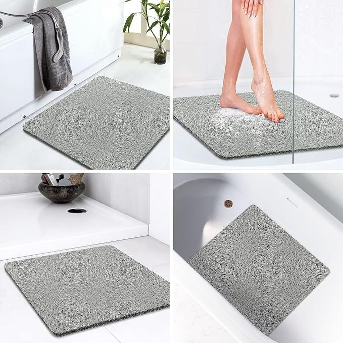 LuxStep Shower Mat Bathtub Mat Non-Slip Bath Mat with Drain, Quick Drying | 24x24 inch PVC Loofah Bathmat for Tub,Shower,Bathroom,Grey
