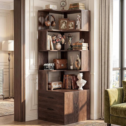 Corner Book Shelf with Drawers, Small Corner Shelf with Drawers | L Shaped BookShelf 6-tier Bookcase for Bedroom Storage, Living Room, Home Office, Kitchen Pantry, Black Walnut